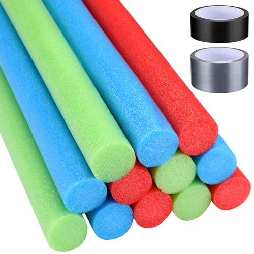 Innconee 12 Pcs 1.5 x 30 Inch Pool Swim Noodles with Tapes Foam Pool Noodles Bulk DIY Foam Light Swords Toys Bright Jumbo Swimming Noodles for Pools, Backyard, Summer Outdoor Party Favors (Green, Blue, Red)