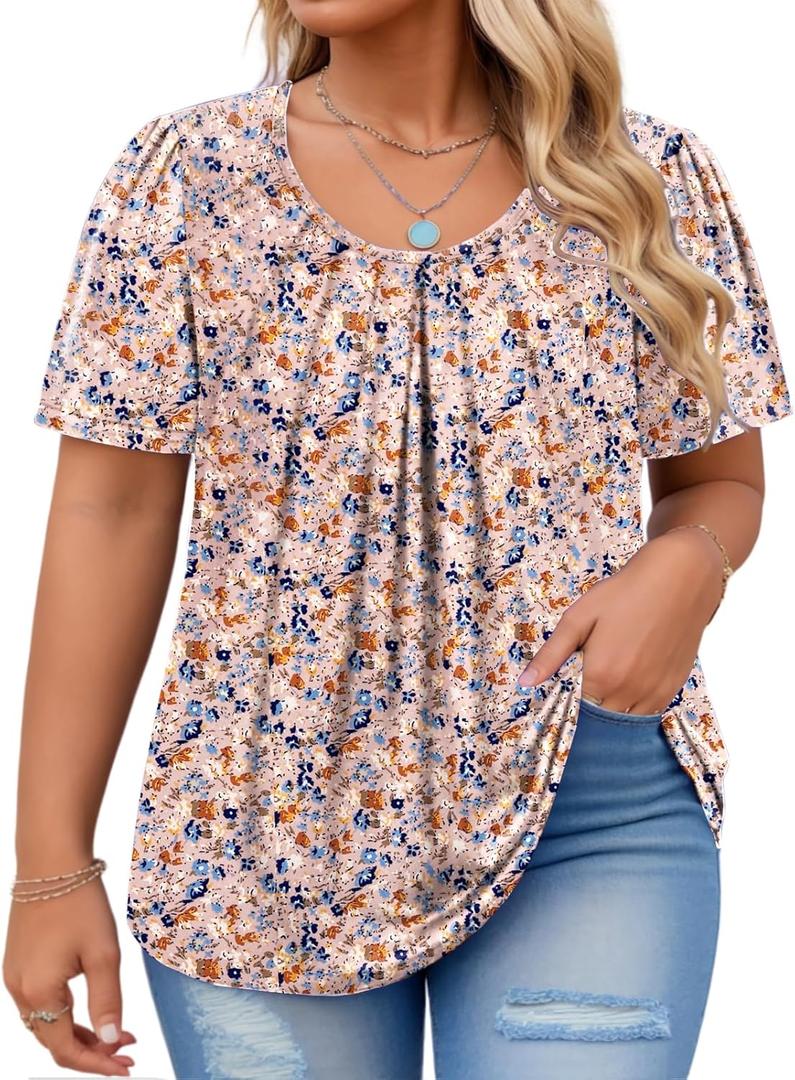 VISLILY Womens-Plus-Size-Summer-Tops Flowy Pleated T Shirts Crew Neck Short Sleeve Blouses Casual Loose Tunics Tee 4 XL 