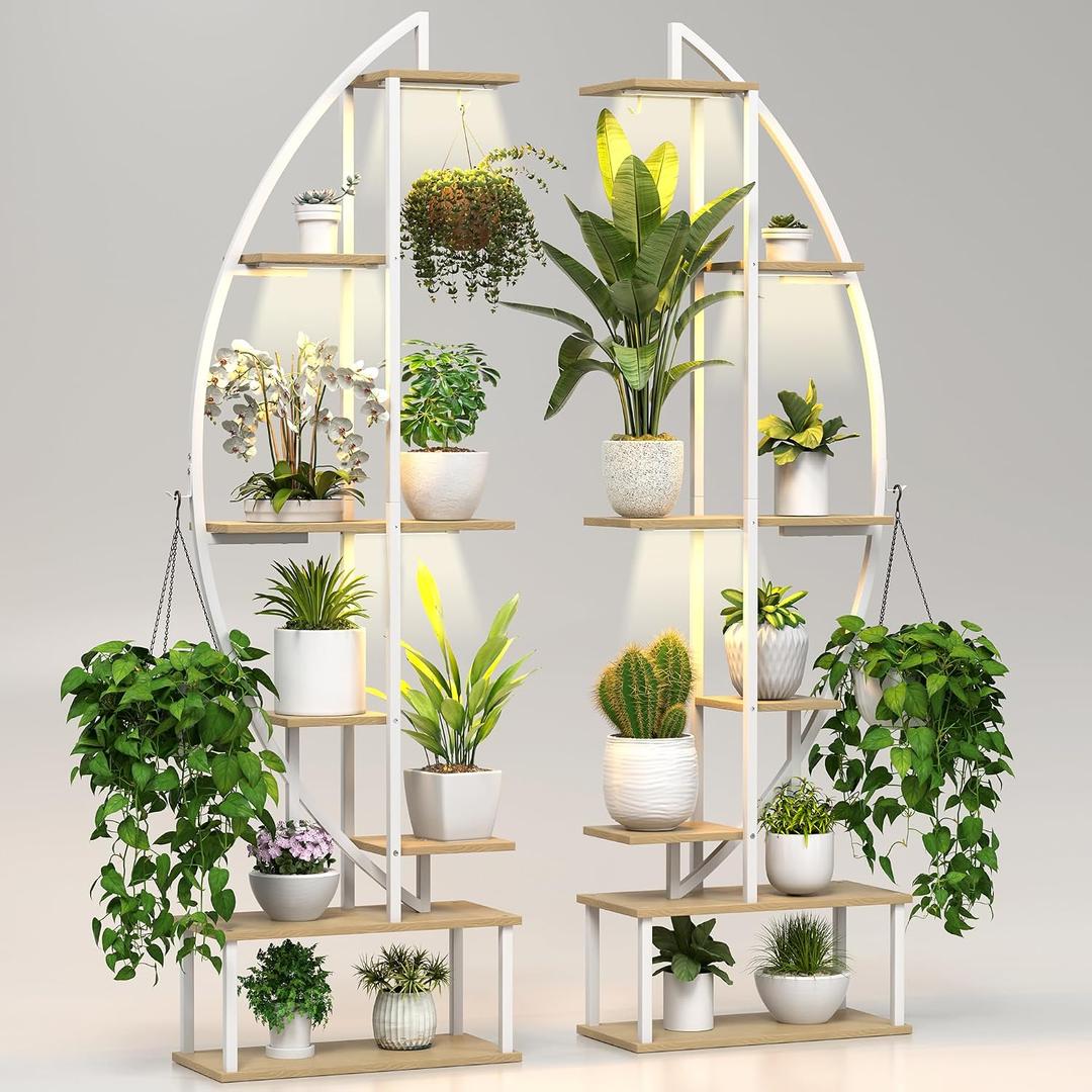 Plant Stand Shelf Indoor with 6 Grow Light, 7 Tiered 65" Tall White Large Half Moon Lighted Plant Rack Holder, 2 Pack Big High Circular Arch Multi Herb Stand with Built in LED Grow Light Set