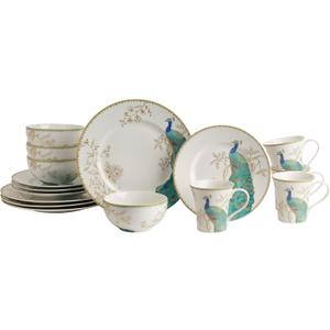222 Fifth 16-Piece Porcelain Dinnerware Set for 4, Elegant Plates and Bowls Sets-White, Teal, Gold Ceramic Dishes, Chip Proof Kitchen and Dining Dish Set, Microwave & Dishwasher Safe, Peacock Garden