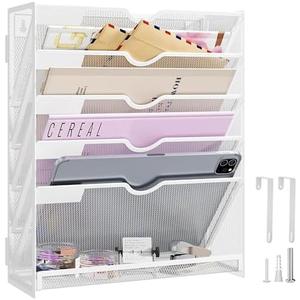 Kinkota Hanging Wall File Organizer Mesh 6 Tier Wall Mounted Mail Paper Folder Holder Document Organization Stand Desk File Organizer Tray for Office & Home Cubicle Countertop-White