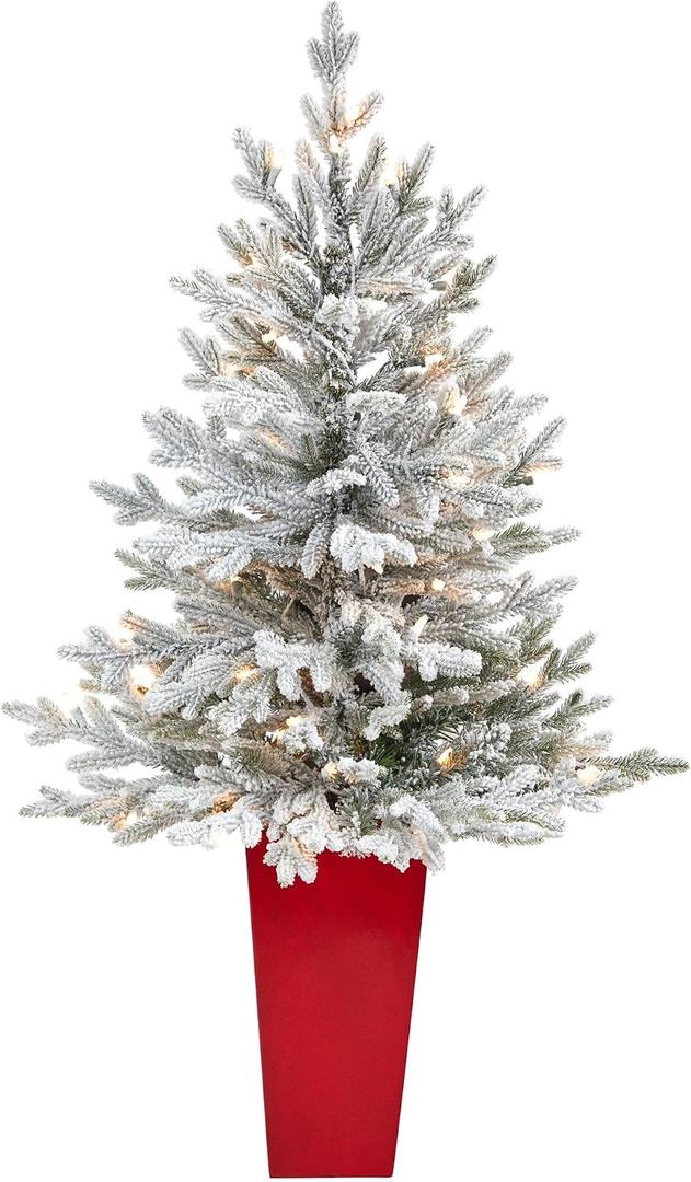 Nearly Natural 4ft. Flocked Fraser Fir Artificial Christmas Tree with 200 Warm White Lights and 481 Bendable Branches in Red Planter