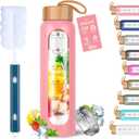 Aqulea Glass Water Bottles 32 Oz with Silicone Sleeve - BPA Free Reusable Wide Mouth Glass Motivational Water Bottles with Fruit Infuser  Leak Proof Borosilicate Water Bottle with Time Marker (Pink)