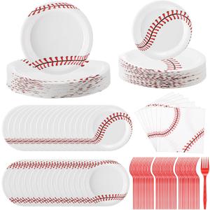 Zhehao 192 Pcs Baseball Paper Plates and Napkins Set Baseball Party Supplies Decorations 7 Inch 9 Inch Disposable Paper Plates Napkins and Forks for Sport Themed Birthday Party Favors Serves 48