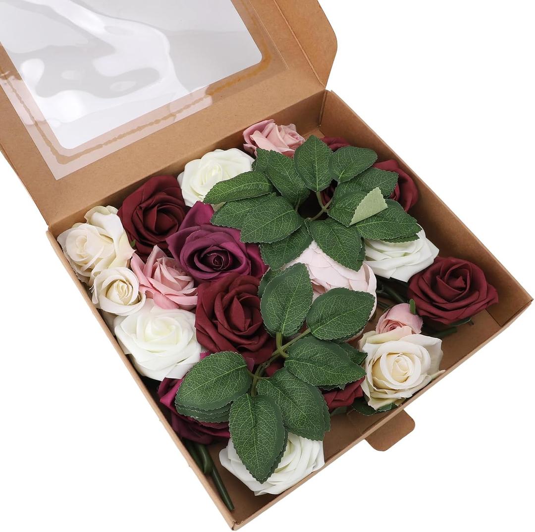 Artificial Flowers Combo Set Fake Flower Leaf Box with Stems for DIY Wedding Bouquets Centerpieces Flower Arrangements Decorations Baby Shower Party Home Decorations (Burgundy)
