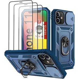 Case for iPhone 11, for iPhone 11 Case with 3 Pcs Tempered Glass Screen Protector Built in Ring Stand Kickstand + Camera Cover, Hard PC Soft TPU Defender Full Body Protective Armor Case Cover - Blue