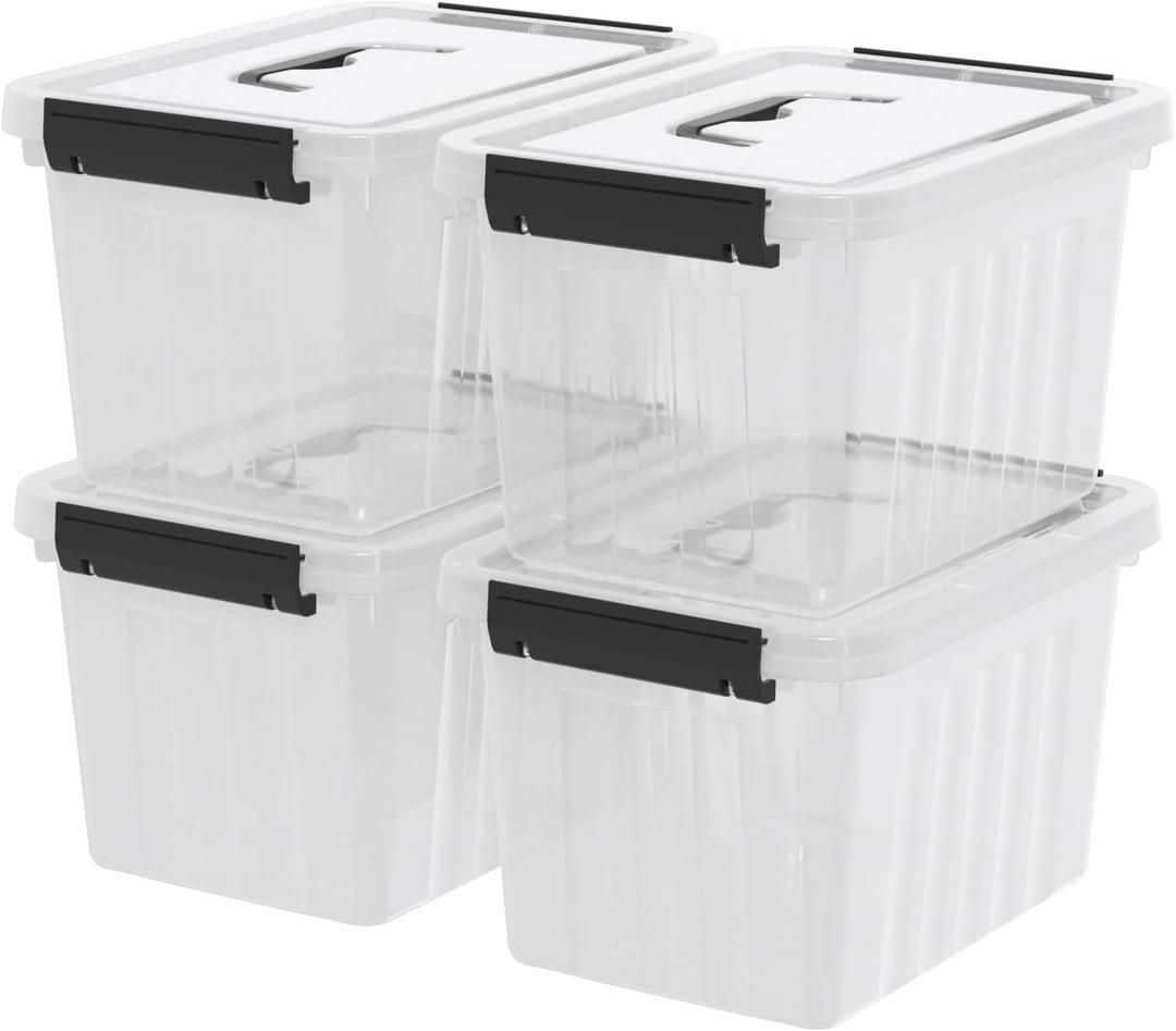 Kekow 6 L Clear Storage Box, Plastic Storage Latch Box with Black Handle, 4-Pack