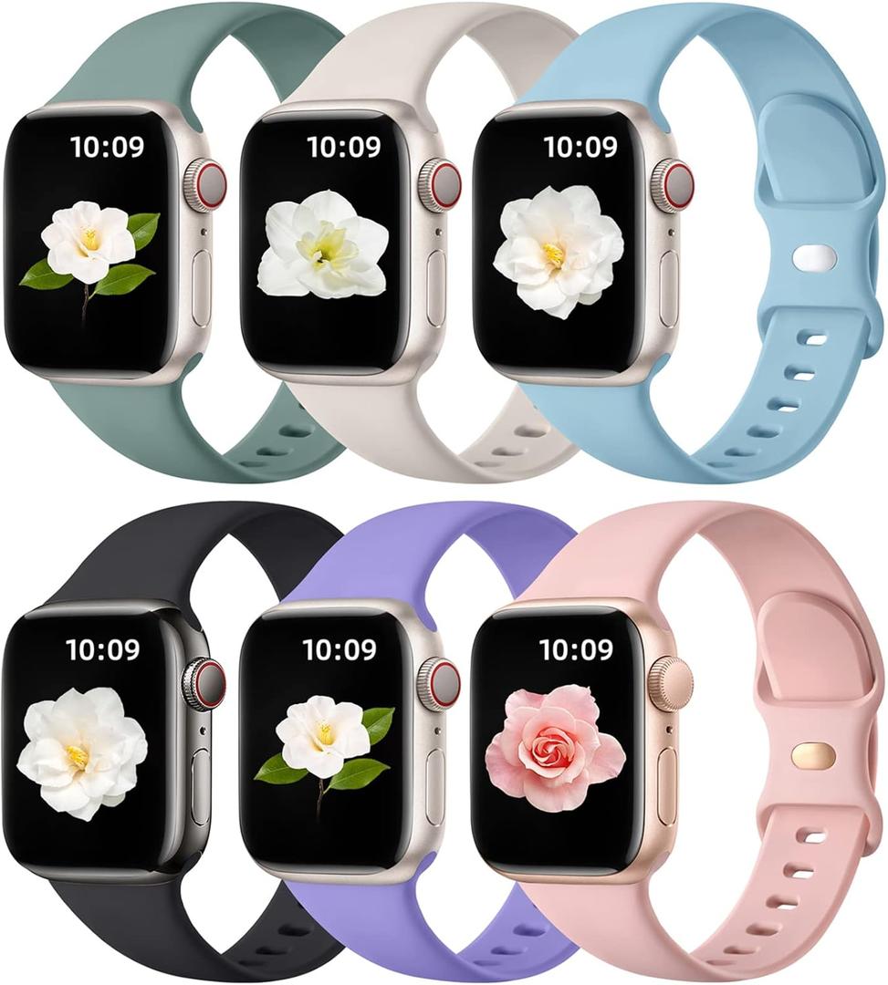 Maledan 6 Pack Bands Compatible for Apple Watch Band 38mm 40mm 41mm 42mm 44mm 45mm 46mm 49mm Women Men, Soft Silicone Sport Band Strap for iWatch Apple Watch Series 11 10 9 8 7 6 5 4 3 2 1 SE Ultra (Lavender Purple/ Starlight/ Pink/ Black/ Lake Blue/ Pine Green)