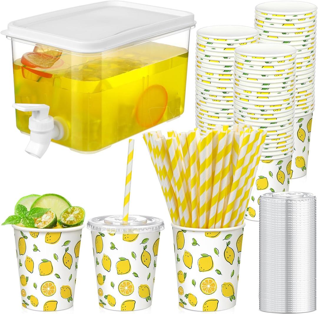 151 Pcs Lemonade Stand Supplies Lemonade Stand Kit Plastic Drink Dispenser 50 Set Disposable Cup with Lids Straws Fridge Water Beverages Dispenser with Spigot for Fruit Juice(Cup-9oz)