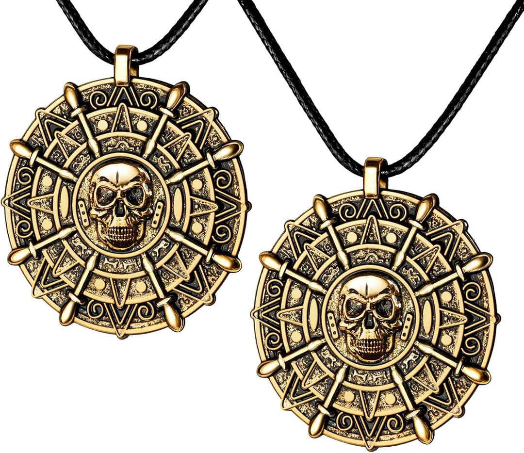 2PCS Pirate Coin Necklace, Pirate Skull Necklace for Kids, Halloween Costume Accessories for Pirate Party Cosplay