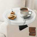 Couch Tray, Adjustable Couch Table and Detachable Wooden Couch armrest Tray, Multifunctional Clip on armrest Table, with Phone Holder Suitable for Dining, Snacks, Remote Control (White Marble Color)