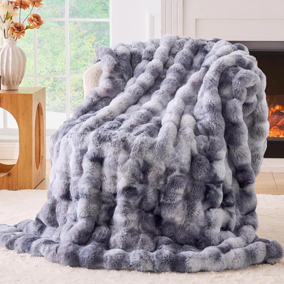 BENVWE Fluffy Faux Fur Throw Blanket for Couch - Soft, Plush, Thick, Cozy, Fuzzy Luxury Minky Bubble Blanket for Home Living Room Decor, Gifts for Women, Tie-dye Light Grey, 51" x 63", 1100GSM