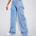Women's High Waist Baggy Cargo Jeans Flap Pocket Y2K Streetwear Wide Leg Denim Pants (Blue, L)