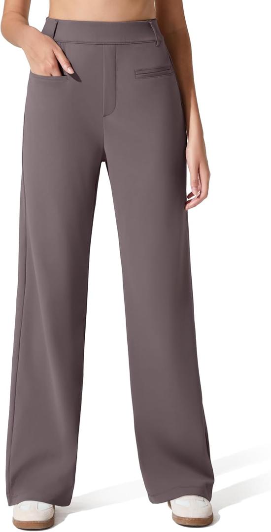 G4Free Women's Straight Leg Pants with Pockets Dressy Casual Yoga Trousers Elastic Waist Comfy Stretch Slack Belt Loops (Small ,Taupe,Regular)