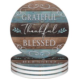 Coasters for Drinks,Set of 4 Absorbent Coasters,Thankful Grateful Blessed Ceramic Coasters with Cork Base,Cup Coaster for Coffee Table Protection,Gifts for Housewarming Birthday