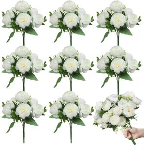 8 Bundles Artificial Peonies Silk Flowers White Faux Peony Bouquet Florals Arrangements Decor for Farmhouse Home Boho Bridal Wedding Table Centerpiece Decoration (White)