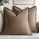 MIULEE Decorative Throw Pillow Covers Neutral Linen Fringe Throw Pillows Set of 2 Cocoa Brown Boho Farmhouse Cushion Covers for Couch Sofa Bed Living Room Spring Home Decor 20x20 Inch