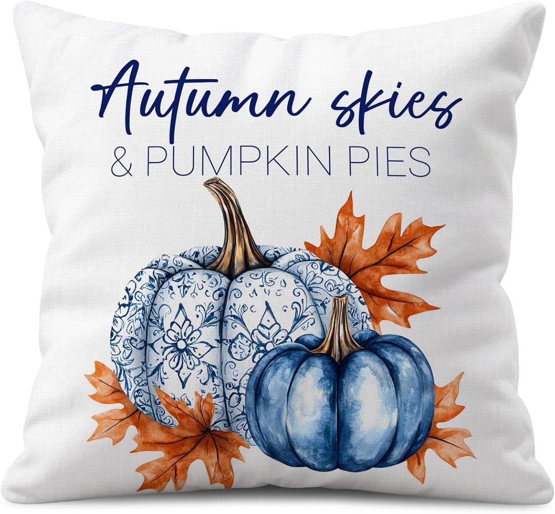 Fall Throw Pillow Cover 16x16 Inch  White Linen Autumn Cushion Cover with Blue Pumpkins and Orange Leaves  Double-Sided Print, Farmhouse Thanksgiving Pillowcase for Sofa Couch Bed