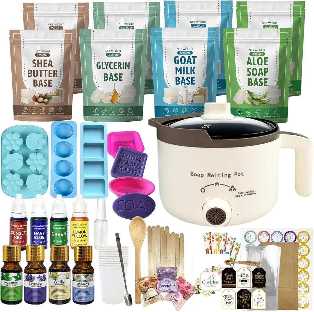 LFISGNN Soap Making Kit with 4 Flavored 4.4 lbs Soap Base, DIY Soap Making Supplies Kits for Adults with Soap Melting Pot, Soap Base (Shea Butter, Glycerin, Aloe, Goat Milk) and 5 Soap Molds