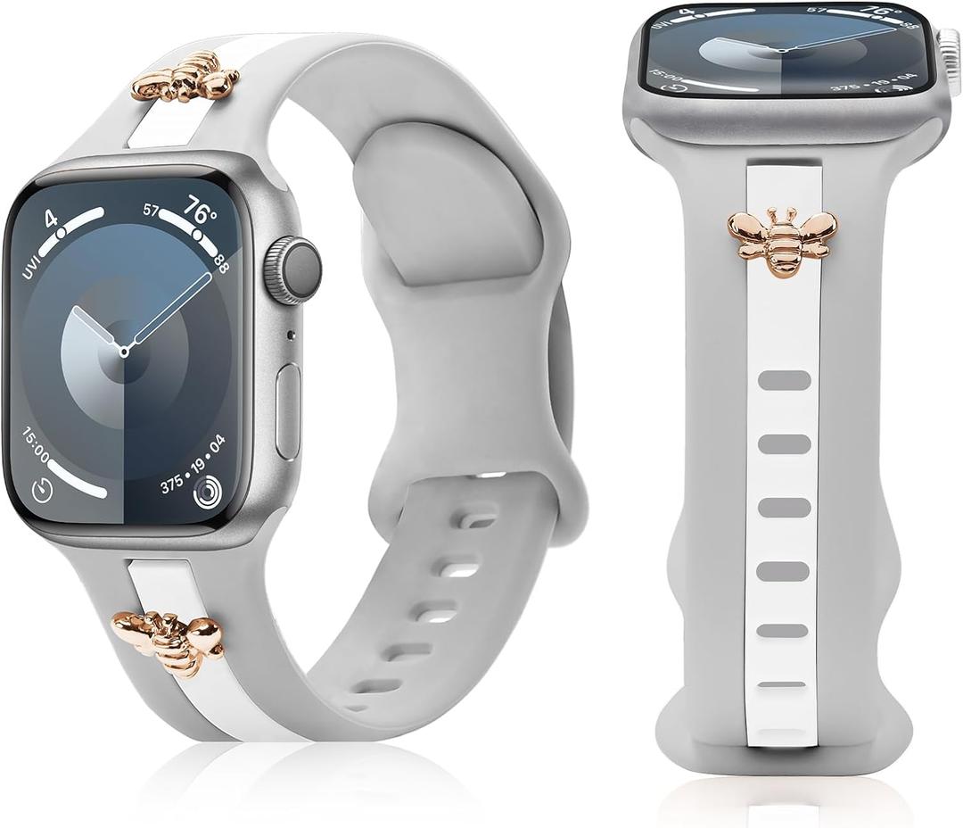 Silicone Strap for Apple Watch Band Series 11 10 9 8 7 6 5 4 3 SE Ultra, Stylish Bracelet with Gold Honey Bee Charms for iWatch 38mm 40mm 41mm 42mm Bands, Designer Sport Wristbands