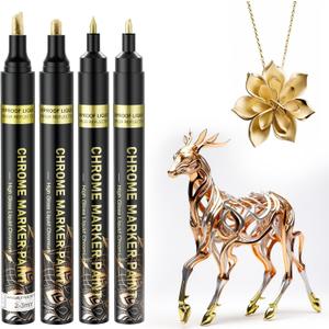 SigWong Metallic Markers, 4Pcs Gold Permanent Chrome Paint, Waterproof and Gloss Chrome Mirror Paint Pens for Model, Repair, Resin, Plastic Painting