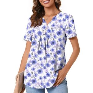 Anydeer Womens Short Sleeve Summer Tunic Tops Dressy Chiffon Blouse Henley Shirts 2026 Casual Pullover (L)