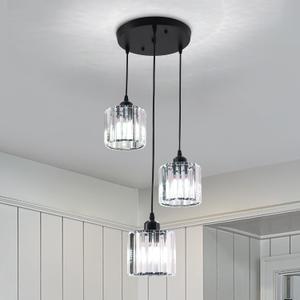 Modern Crystal Chandelier Round Ceiling Pendant Lights, Height Adjustable Crystal Hanging Light Fixtures for Kitchen Island, Chandeliers for Dining Room,Foyer,Living Room Entryway Black (3 Lights)
