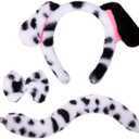 JIALWEN Dalmatian Dog Ears Headband with Tail Bowtie Puppy Animal Costume Set Halloween Party Cosplay Dress Up Accessories for Adults Women