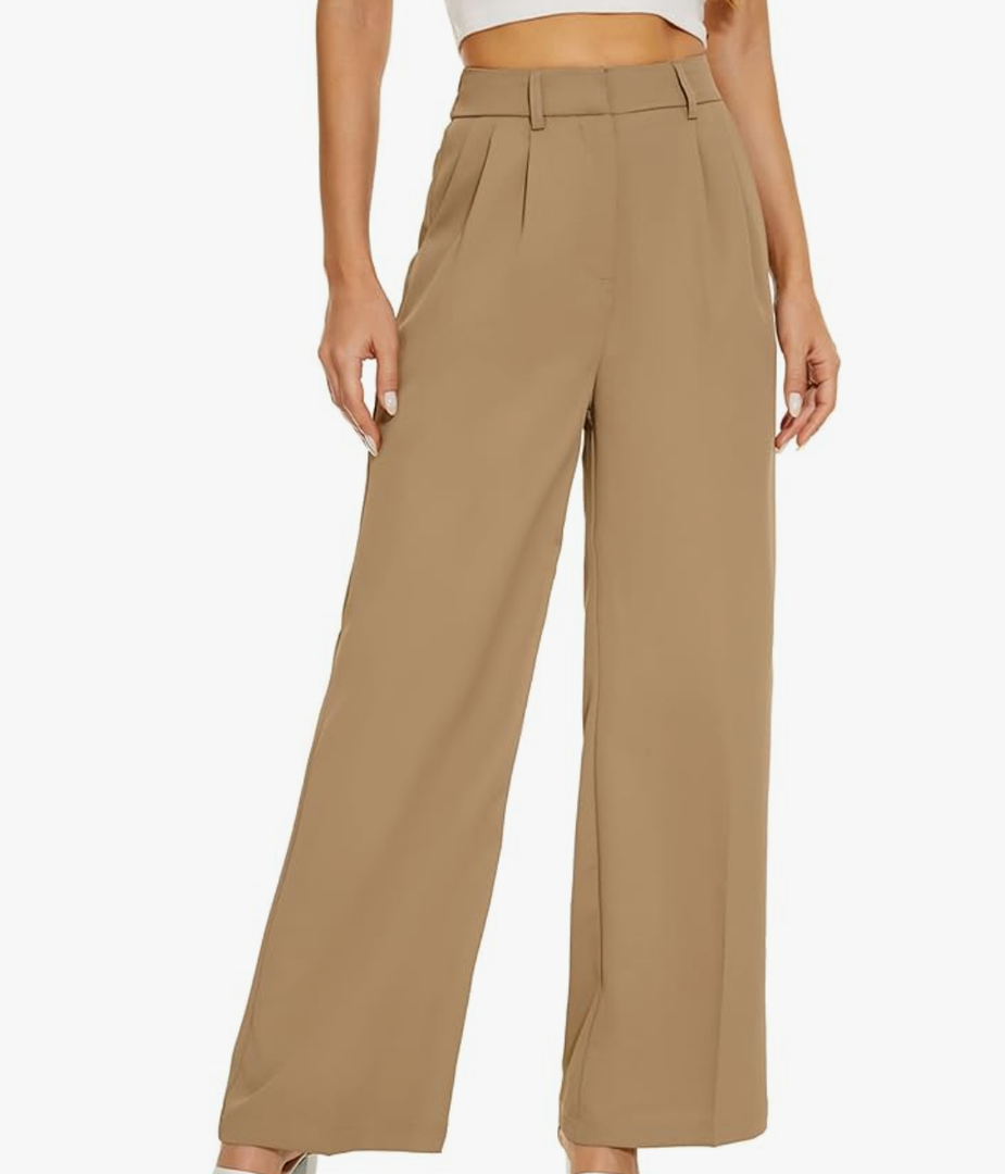 Women Office Wide High Waist Pants Loose Fit Elastic Waist Pleated Front Trousers for Work Casual, Size Small