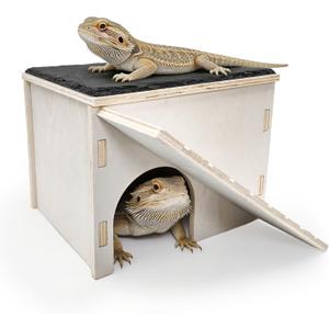 Large Bearded Dragon Basking Platform,Wooden Reptile Hide Cave with Slate Rock Climbing Ramp Tank Accessories for Leopard Geckos,Lizard,Snake,Tortoise (Medium)