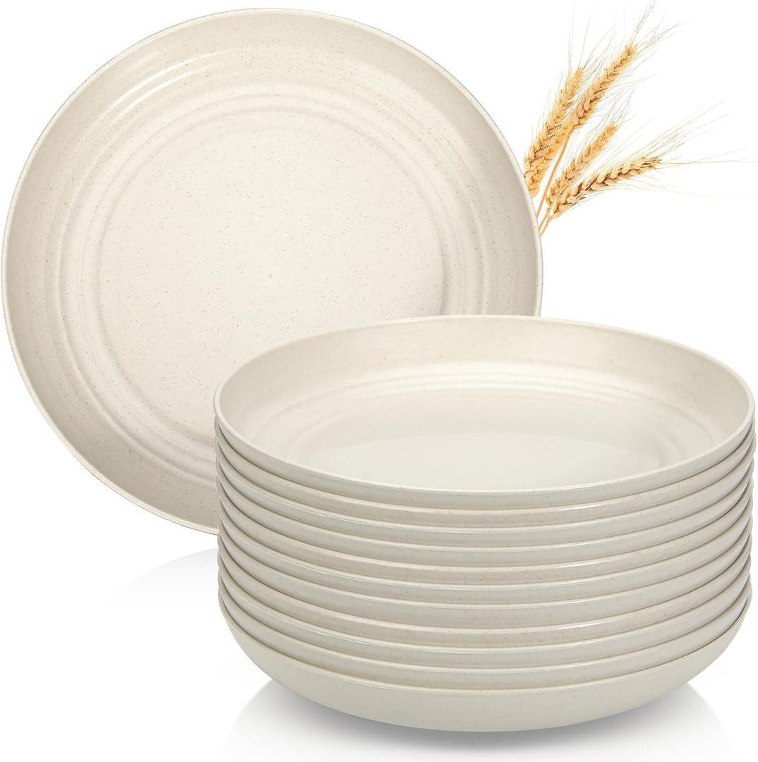 OAMCEG Wheat Straw Plates 12 Pack 9 Inch Unbreakable Plastic Plates Reusable, Dishwasher & Microwave Safe Wheat Straw Dinnerware Sets Kid-Friendly for Kitchen Outdoor Camping Salad, Beige