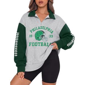 FASHGL Football Sweatshirts Women Game Day Sweatshirt Quarter Zip Pullover (Gray, L)