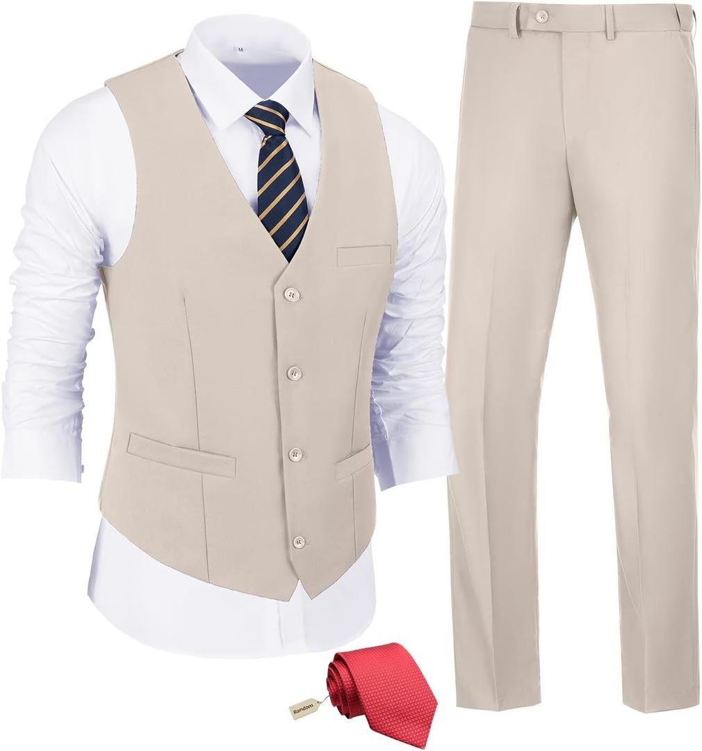JPF Men's 2 Piece Slim Fit Suit Set, Solid Vest and Pants Suit for Men with Tie (X-Large, Light Champagne)