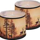 Rustic Deer Printed Large Drum Lamp Shades Set of 2. Easy Assembly.11.4"x13"x10" Barrel Brown Lamp Shade For Cabin Lodge Decoration.Replacement Lamp Shades For Table Lamps (Spider Model)