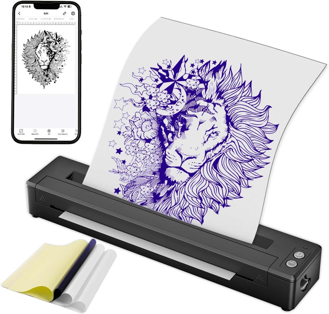 Wireless Tattoo Stencil Printer-2500mAh Battery, Portable Bluetooth Tattoo Transfer Machine Kit for Realistic Portraits, Includes 10 Stencil Papers, Works with IOS/Android/PC/Mac (Black)