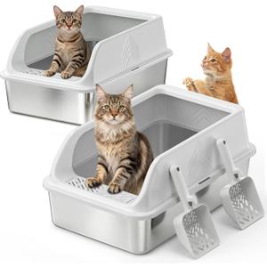 Stainless Steel Litter Box, 2 Pack XL Metal Cat Litter Boxes with Lid High Sided Enclosed for Big Cat and Multiple Cats, Anti-Urine Leakage | Non-Stick Bottom & Includes Scoop