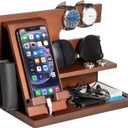 Wood Phone Docking Station - Gifts for Men Desk or Nightstand Organizer - Birthday Gifts for Husband, Fathers Day for Dad - Anniversary Idea from Wife - Key Holder, Stand Wallet, Watch & Essentials