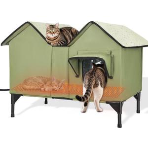 Extra Large Heated Outdoor Cat House Weatherproof, Insulated Outdoor Heated Cat House for Outside with Heater, Elevated Outdoor Feral Cat Shelter for Multiple Cats Small Dogs,(Green, XL)