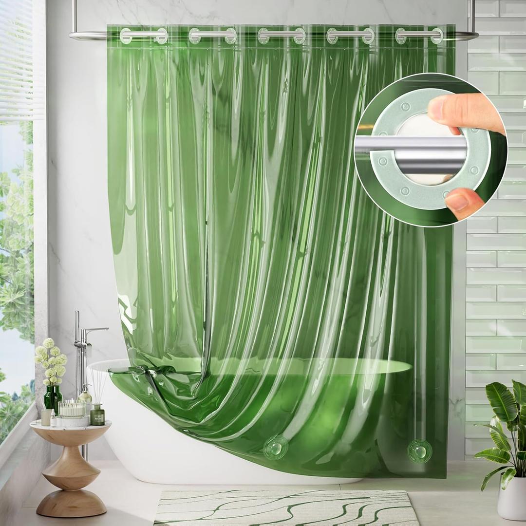 AmazerBath No Hook Shower Curtain Liner, 100% EVA Heavy Duty Hookless Shower Curtain and Liner 3-in-1, 72x75 Luxury Soft Shower Liner with 3 Heavyweight Stones, Clear Green (Rainbow Emerald)