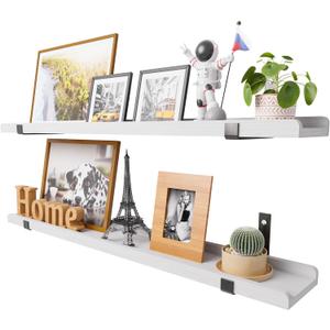 Natural Wood Floating Shelves with Lip, 40 Inch Long White Floating Wall Shelves with Metal Bracket, Set of 2 Picture Ledge Shelf Wall Mounted Shelves for Living Room, Bedroom and Kitchen, White 