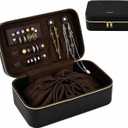 Travel Jewelry Organizer Case for Women Girls, Small Portable Jewelry Box with Compartments, Drawstring Pouch, Waterproof PU Leather Storage for Rings Earrings Necklace Bracelet, Mom Wife Gift – Black