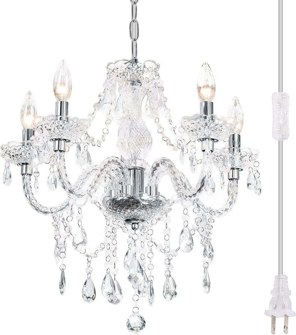 Plug-in 5 Light Crystal Hanging Pendant Lights Acrylic Chandelier with Clear Cord & On/Off Switch H19 D19.7 for Kitchen Island Girls' Room Dining Area Laundry Pavilion.