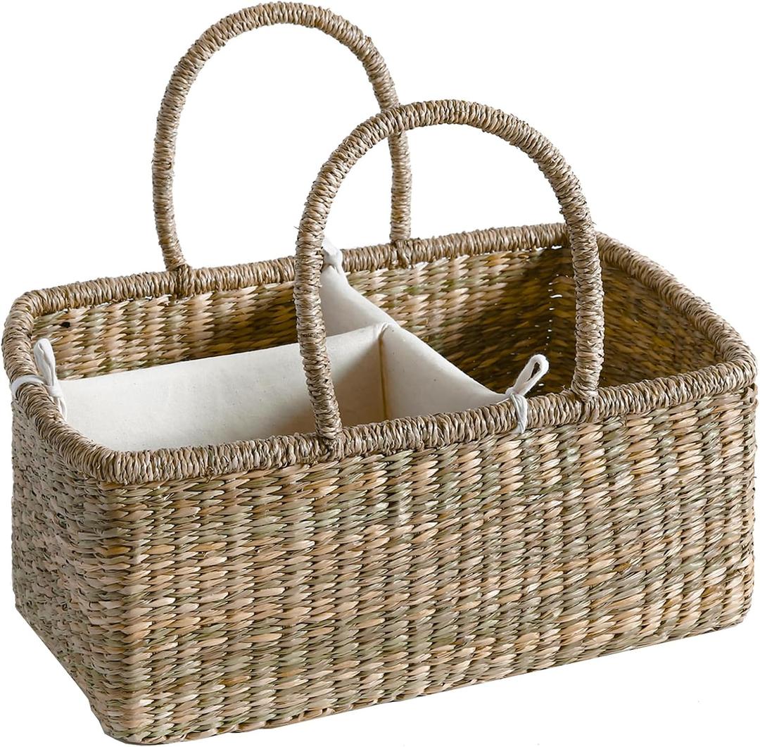 Premium Wicker Baby Diaper Caddy Organizer, Woven Seagrass Basket with Handles, Diaper Basket with Dividers (Rectangle)