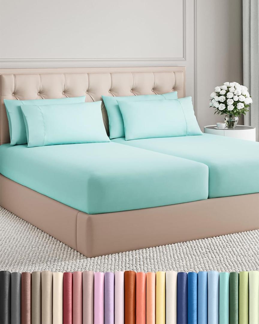 Split King 7 Piece Sheet Set - Comfy, Breathable & Cooling - Soft Hotel Luxury Bedding for Women, Men, Kids, Teens and Children - 1 Flat & 2 Fitted Sheets & 4 Pillowcases with Deep Pockets - Spa Blue