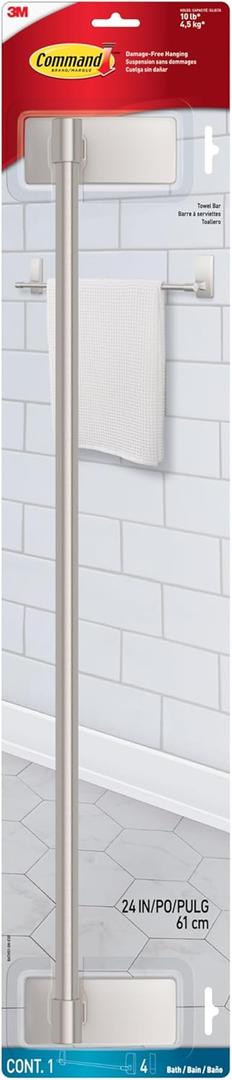 Command Bath Satin Nickel Towel Bar with Water Resistant Command Strips, Bathroom Organizer, 24 in Bar Length Holds up to 10 lbs