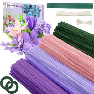 400 Pcs Pipe Cleaners Craft,4 Assorted Colors Pipe Cleaners Bulk, Chenille Stems for DIY Flower Making Kit with Floral Wires, Gardening Tape,Stamen& Ribbon(Purple)
