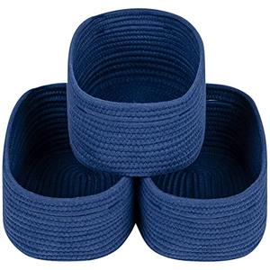 CubesLand Small Storage Baskets for Shelves, Navy Blue Closet Organization Storage Bins Empty Gift Basket 3 Packs Baby Nursery Woven Baskets for Organizing, Rectangular Clothes Closet Shelves Baskets