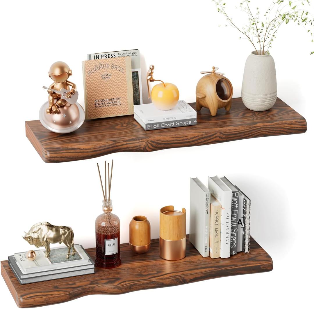 Solid Wood Live Edge Floating Shelves Set of 2 24" Rustic Wall Shelf with Hidden Bracket System, Wall Mounted Shelves for Bathroom, Kitchen, Living Room, Bedroom (Classic Walnut)