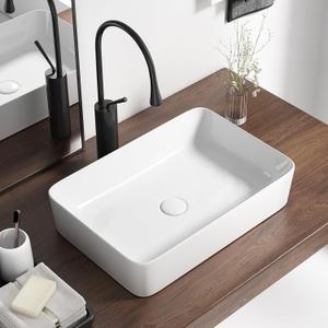 20 Inch Rectangular Bathroom Sink Above Counter, QISHKA White Ceramic Vanity Vessel Sink - 20" x 13.5" Countertop Rectangle Hand Wash Sink Porcelain Art Basin