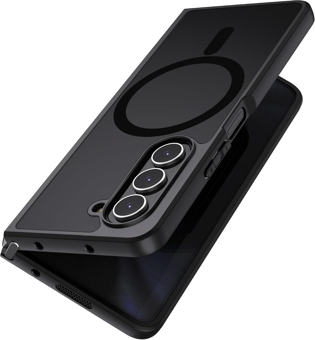 MAKAVO Magnetic for Samsung Galaxy Z Fold 5 Case [Compatible with MagSafe] Slim Translucent Matte Hard Back & Soft Black Bumper, Military Grade Drop Proof Cover, Shockproof Phone Case